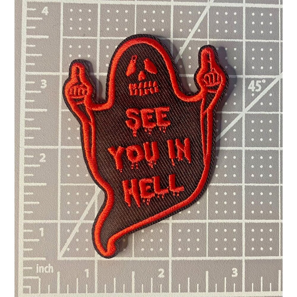 See You In Hell Ghost Flip Off 3x2.5" Embroidered Iron-on Patch - Picture 2 of 3